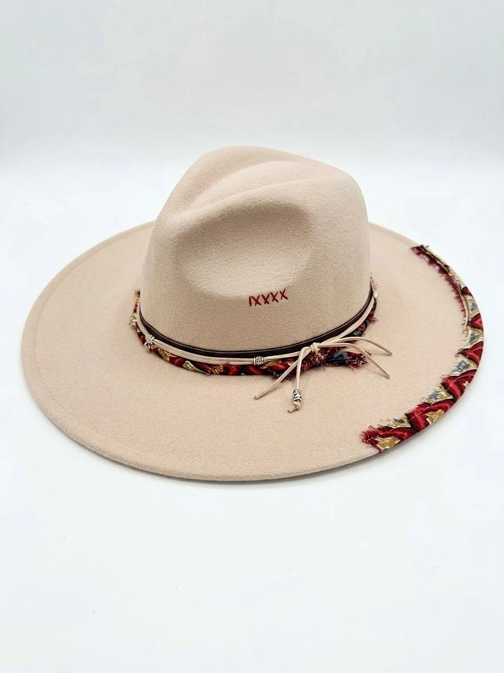 OIERNFE Cattleman Wide Brim Western Cowboy Hat Beige & Red Like New